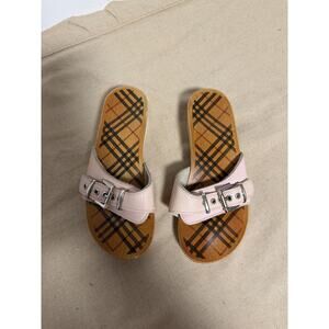 Burberry Sandals Womens Size 6 Pink Leather Wooden Slide Buckle Check Shoes